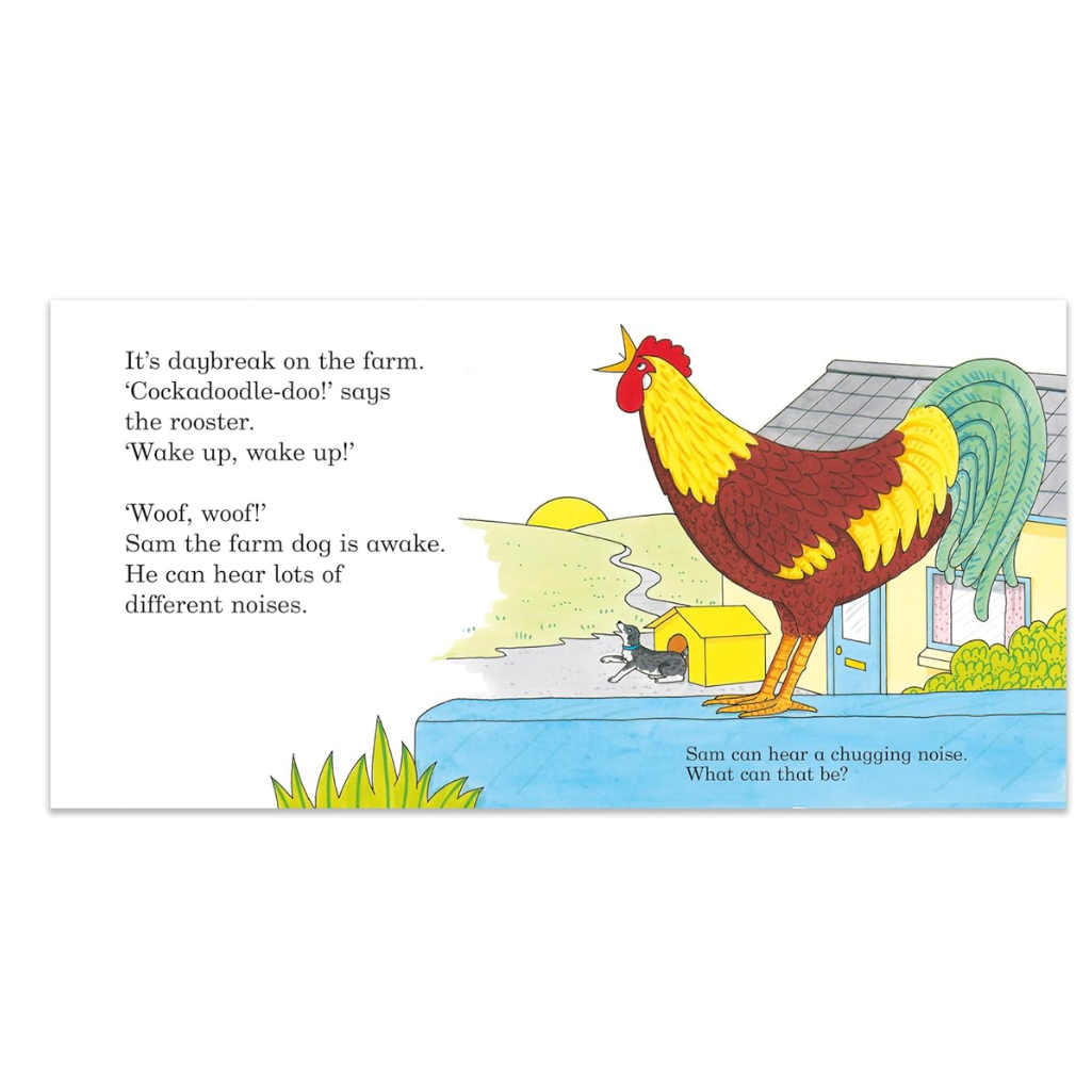 Illustration of a rooster on a farm with text