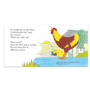 Illustration of a rooster on a farm with text