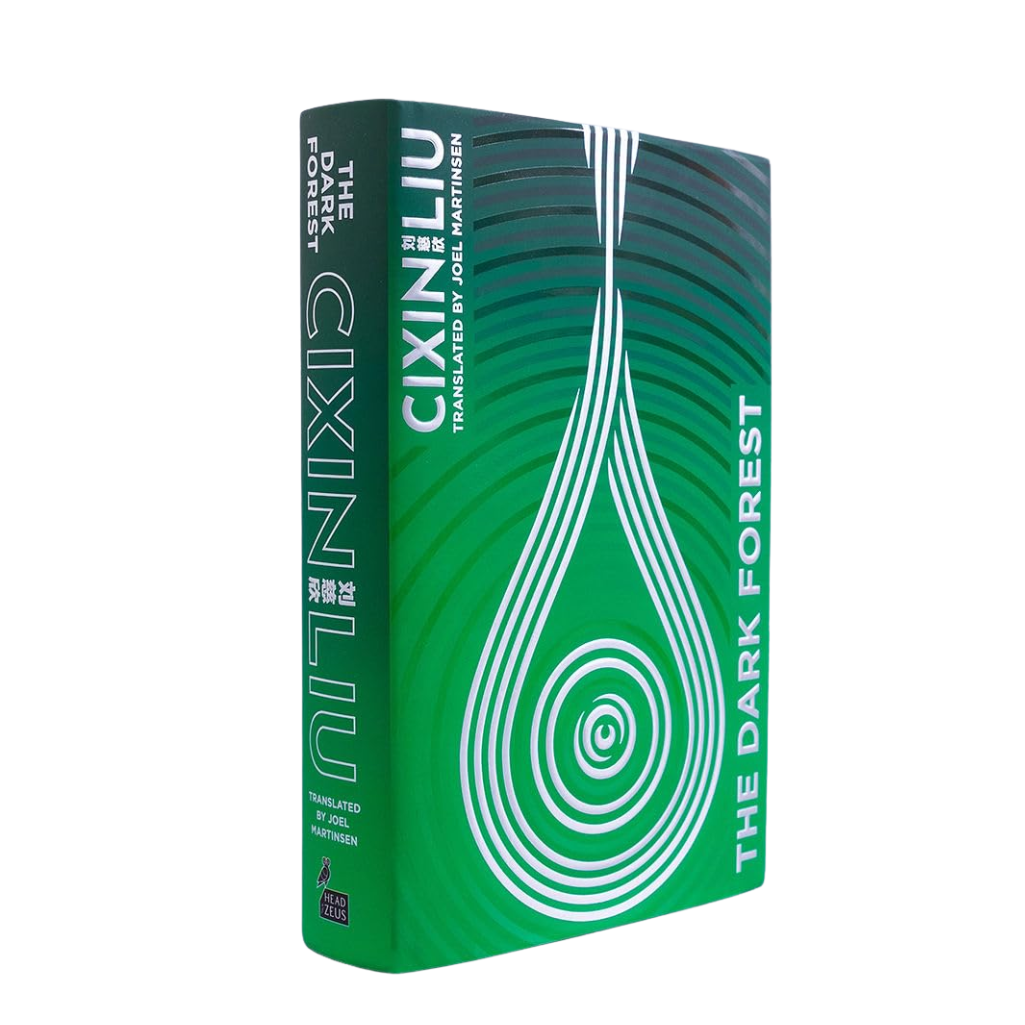 Book titled 'The Dark Forest' by Cixin Liu with green and white design on a white background