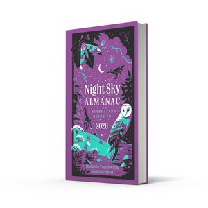 Purple book titled 'Night Sky Almanac' with celestial designs on a white background