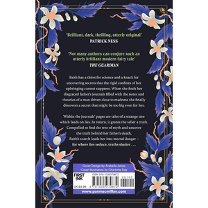 Book back cover with floral design and text praising the author's work