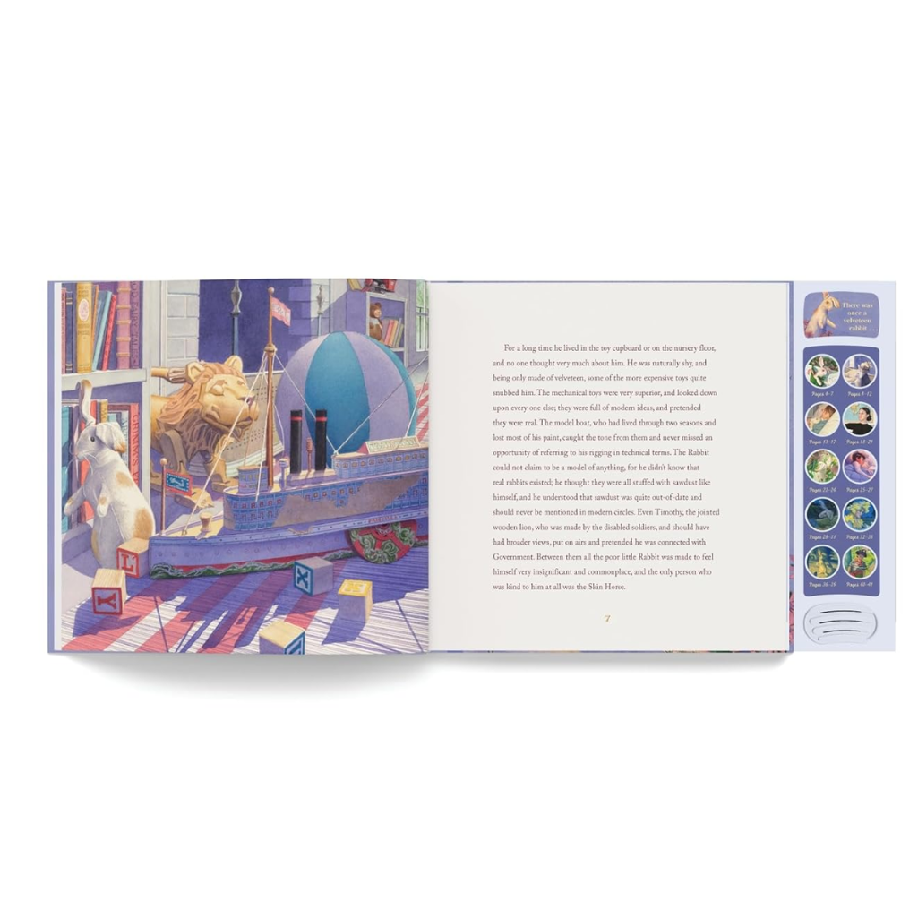 Illustrated book page with a colorful scene and text on a white background