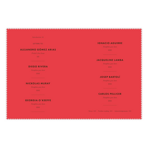 Red fabric swatch with printed text on a white background