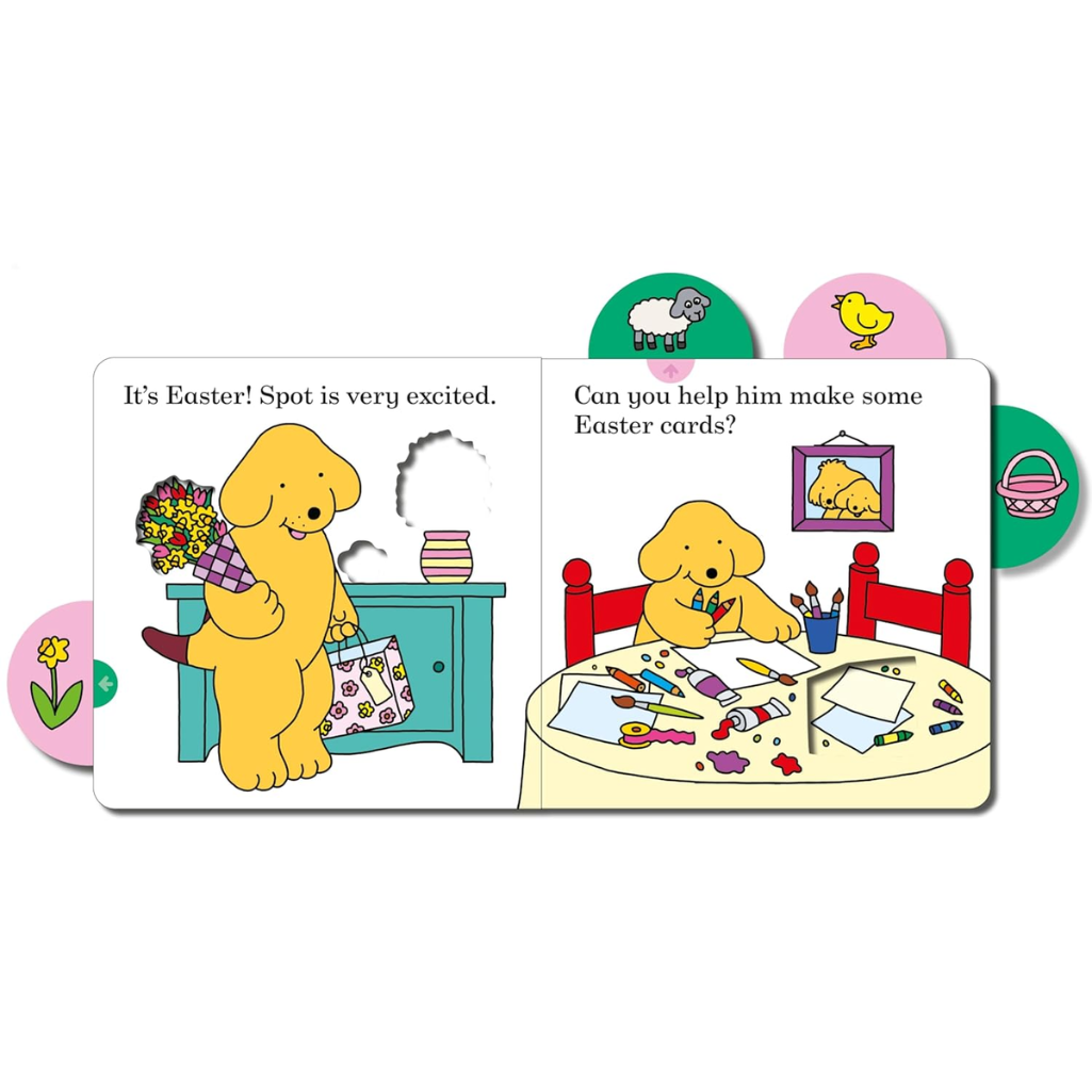 Illustrated book page with a dog making Easter cards on a white background