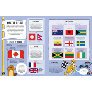 Educational page about flags with illustrations and text on a blue background