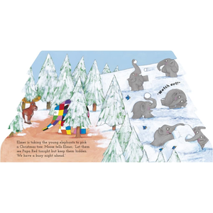 Illustrated book page with snowy landscape, trees, and elephants.