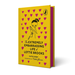 Book cover of 'The Extremely Embarrassing Life of Lottie Brooks' with a yellow background and pink hearts.