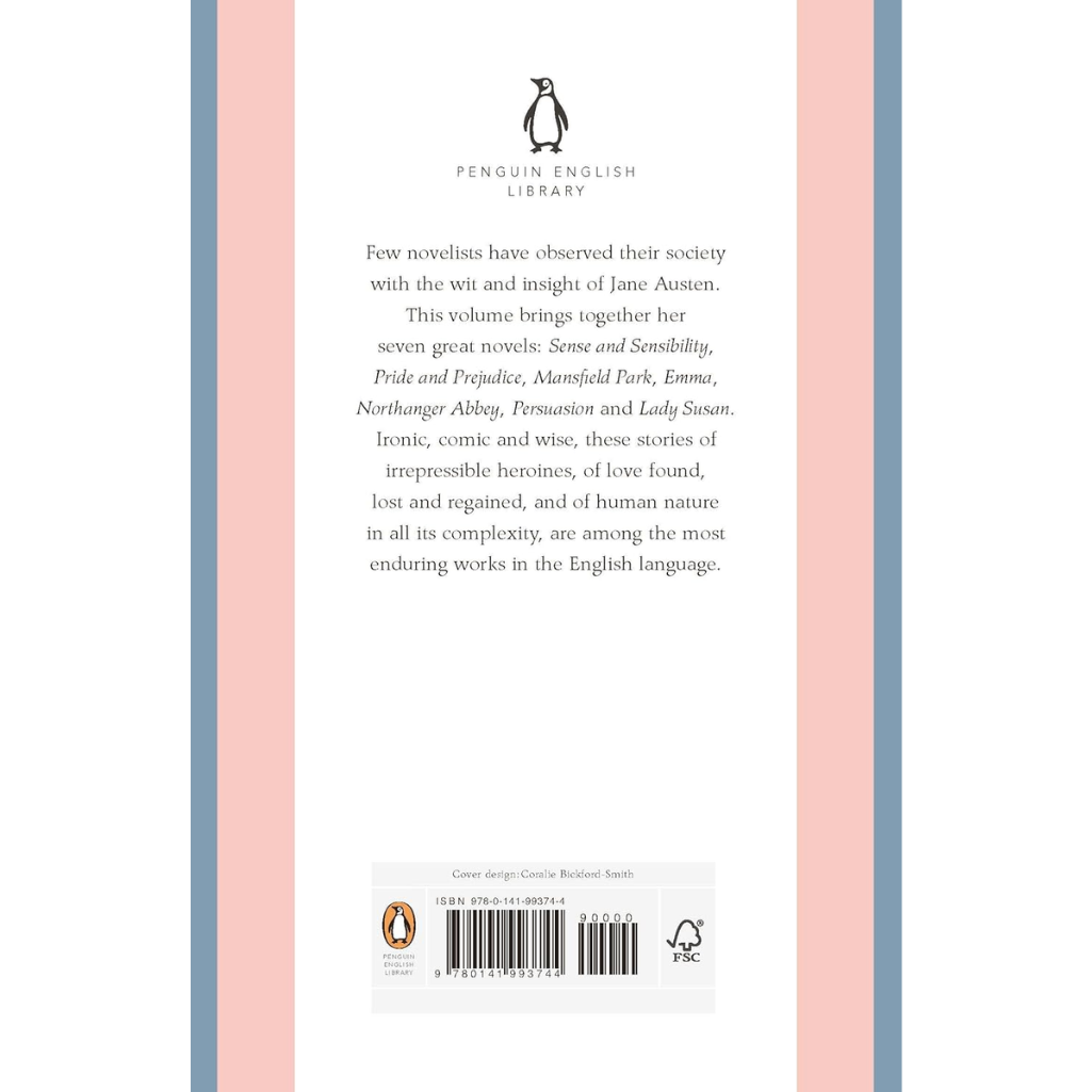 Book back cover with text about Jane Austen's works and Penguin English Library branding.