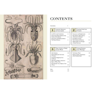 Book content page with illustrations of cephalopods and a fish, alongside a table of contents.