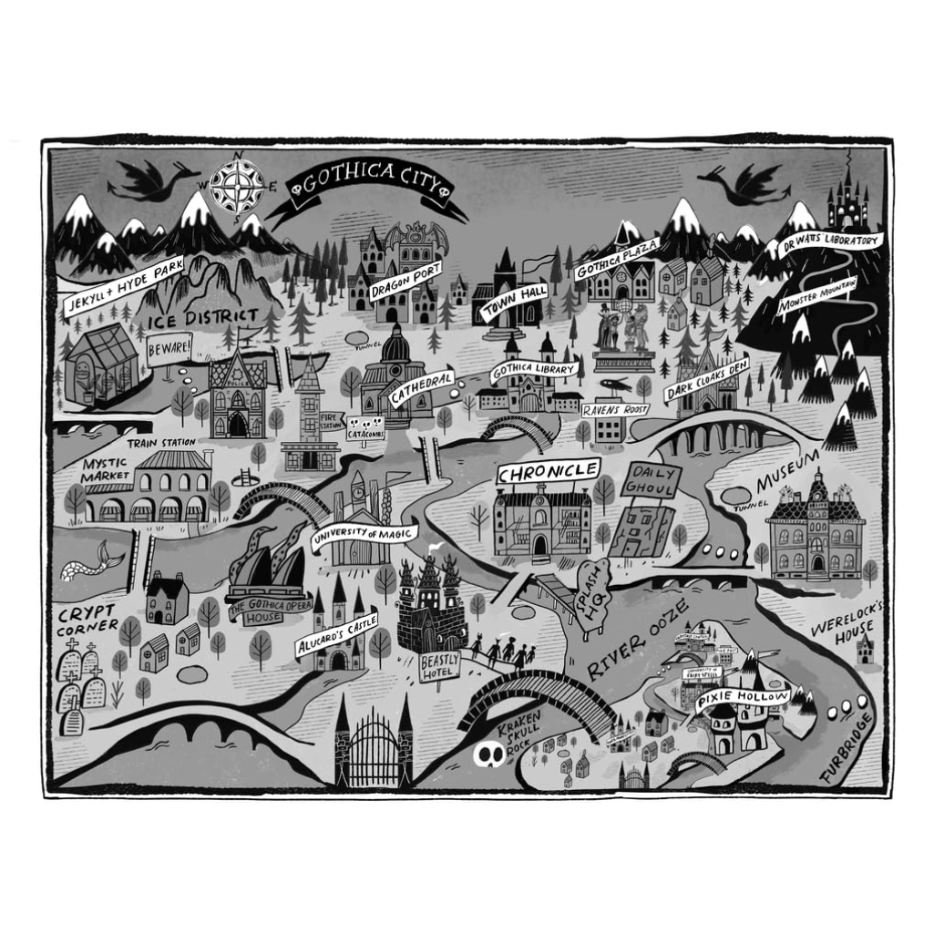 Illustrated map of a fictional city named 'Gothicacity' with various landmarks and text labels.