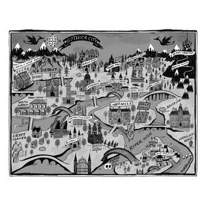Illustrated map of a fictional city named 'Gothicacity' with various landmarks and text labels.