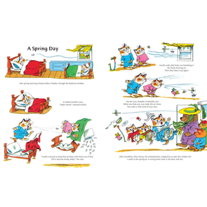 Illustrated children's book page titled 'A Spring Day' with cartoon characters and text.