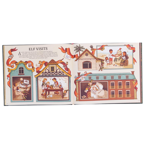 Illustrated book open to a page titled 'Elf Visits' with colorful illustrations of elves and houses.