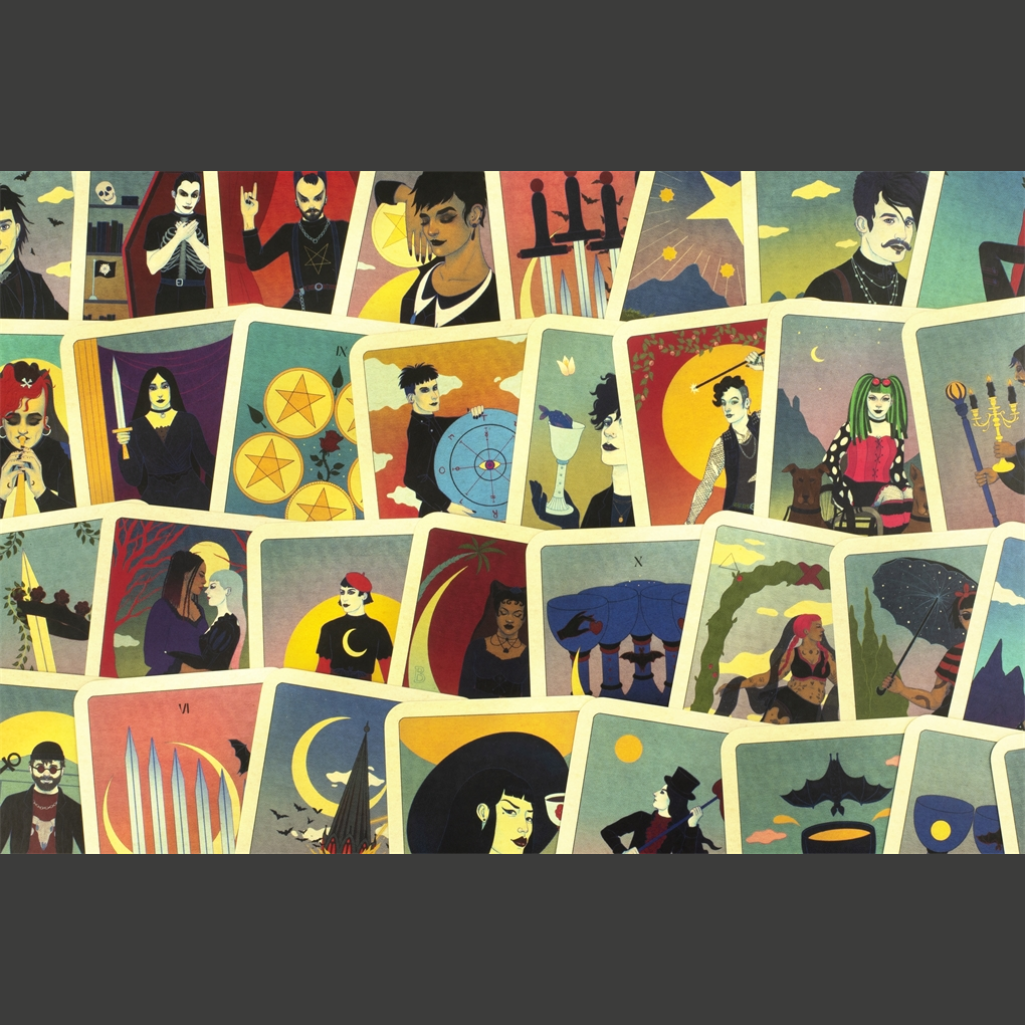 Collection of stylized illustrations featuring various characters and scenes on a dark background.