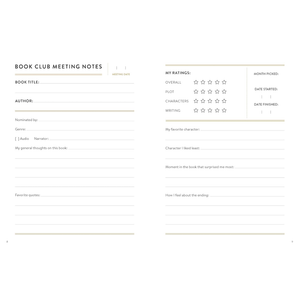 Book club meeting notes form with various sections for input