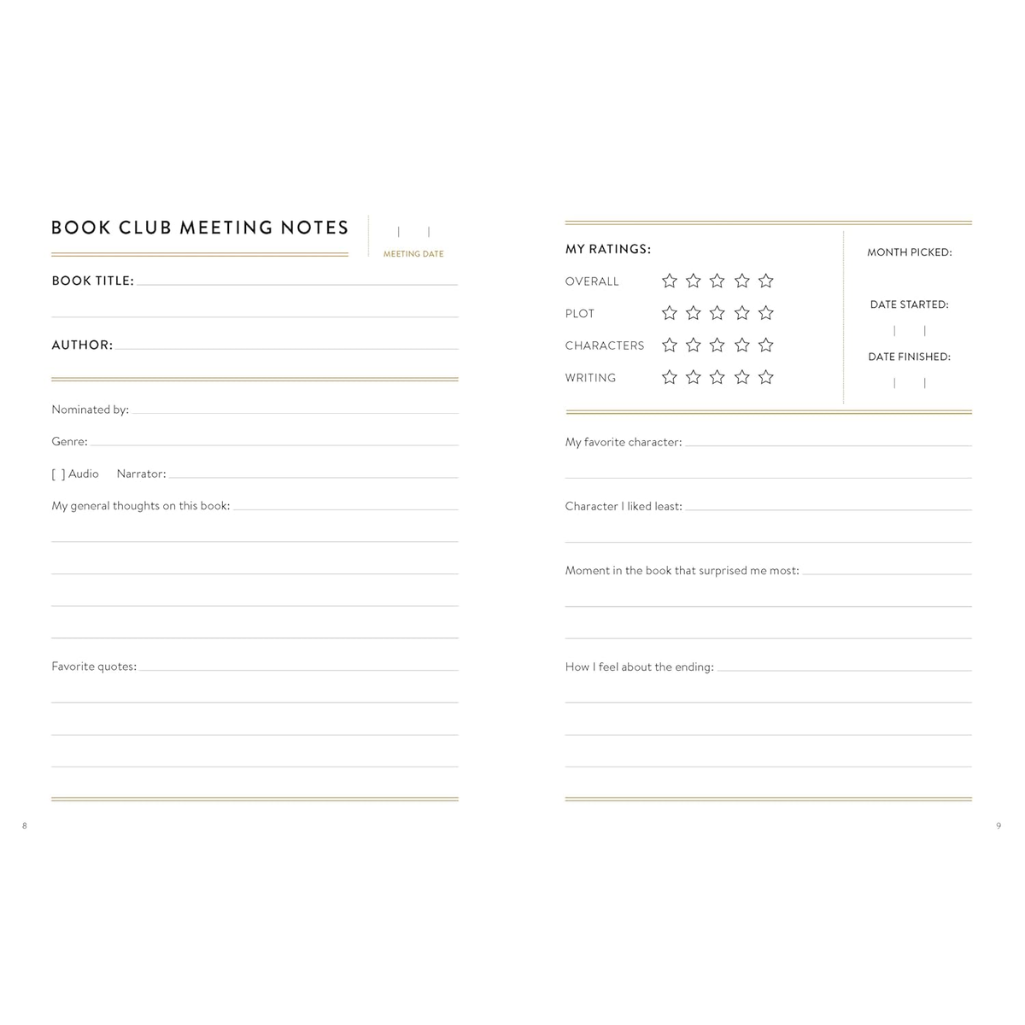 Book club meeting notes form with various sections for input