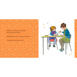 Illustration of two children at a table with text on an orange background