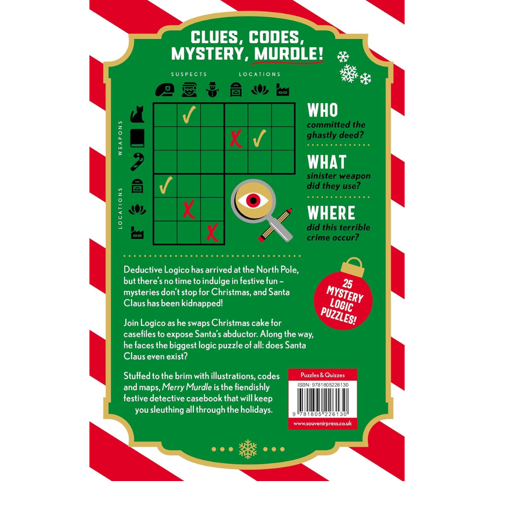 Back cover of a book titled 'Clues, Codes, Mystery, Murgle!' with a green puzzle grid and red and white border.