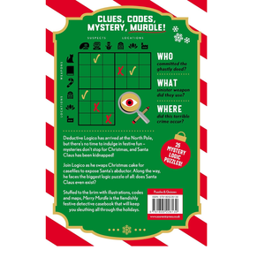 Back cover of a book titled 'Clues, Codes, Mystery, Murgle!' with a green puzzle grid and red and white border.