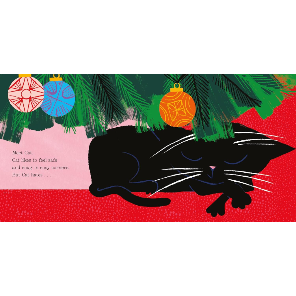 Illustration of a black cat under a Christmas tree with colorful ornaments on a red background.