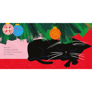 Illustration of a black cat under a Christmas tree with colorful ornaments on a red background.