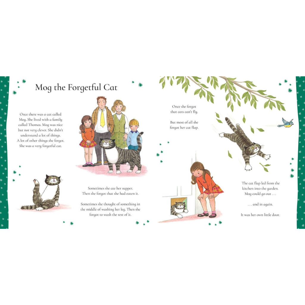 Illustrated book page from 'Mog the Forgetful Cat' with characters and text.