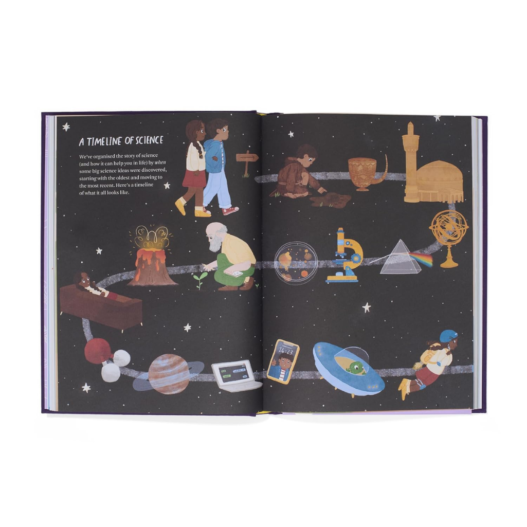 Open book with illustrations of a timeline of science on a dark background