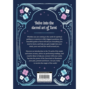 Back cover of a Tarot guidebook with decorative floral elements and text.
