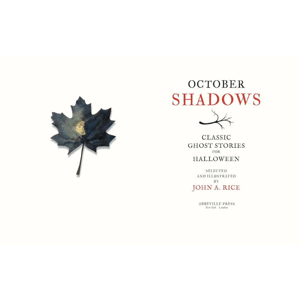 Book cover of 'October Shadows' with a black leaf on a white background