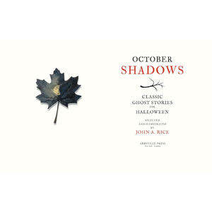 Book cover of 'October Shadows' with a black leaf on a white background