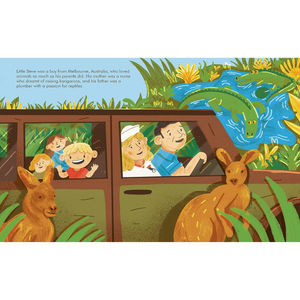 Illustration of a family in a car with kangaroos on either side, set against a natural landscape.
