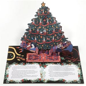 Pop-up Christmas tree card with detailed decorations and figures on a white background