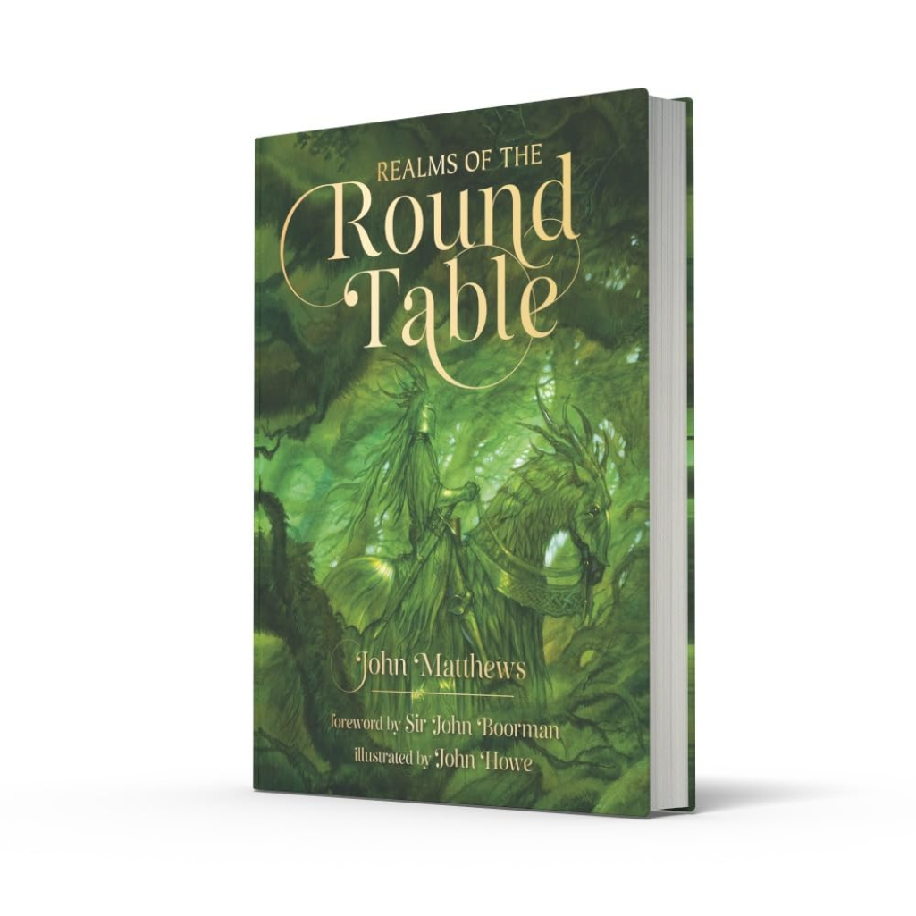 Book titled 'Realms of the Round Table' with green cover and gold text on a white background