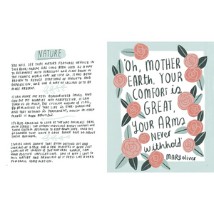 Text with floral design and Mary Oliver quote on a light blue background