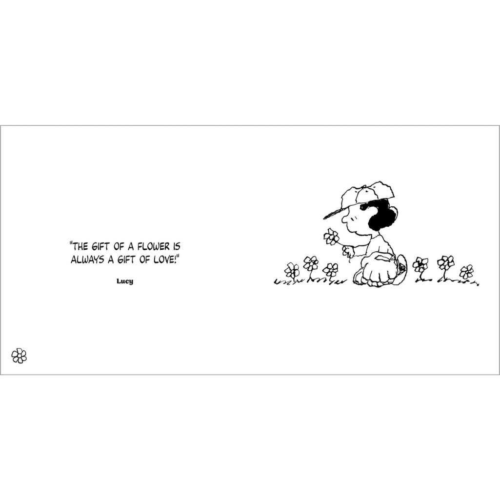 Cartoon of a dog with flowers and a quote on a white background