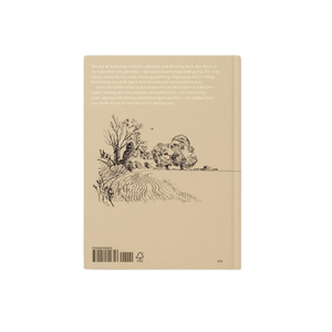Beige book cover with black illustrations of a landscape and text on a white background