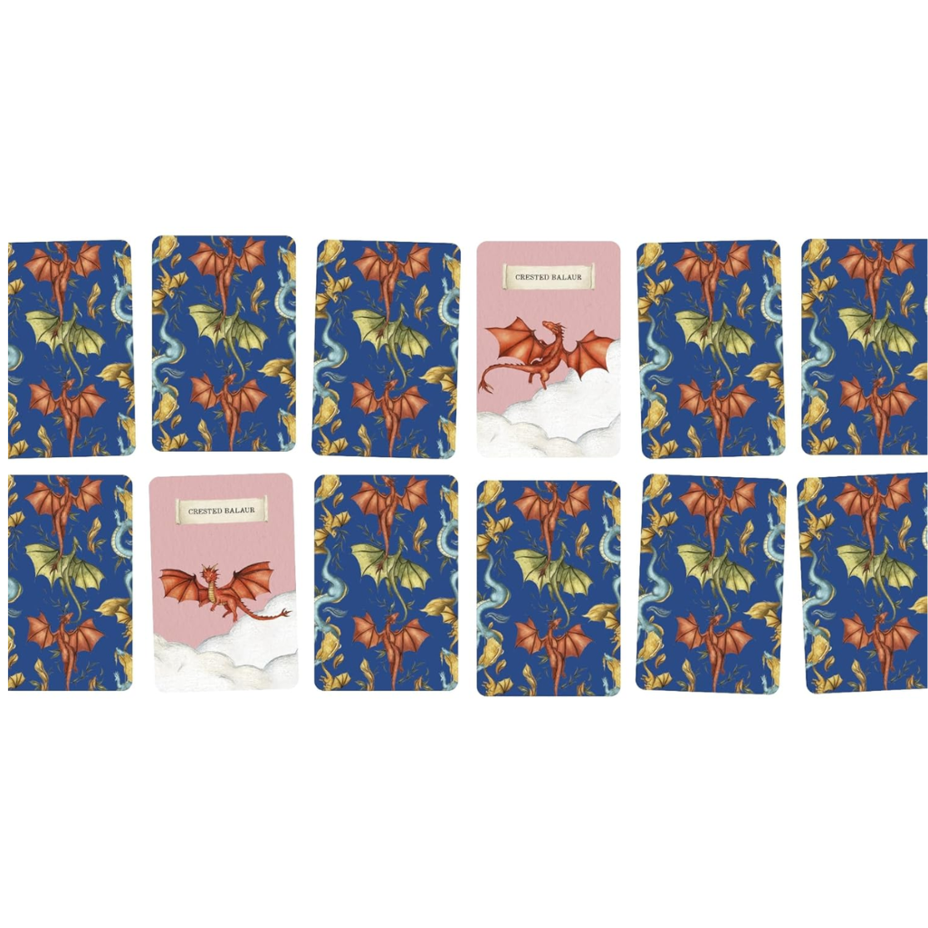 Set of cards with dragon designs on a blue background