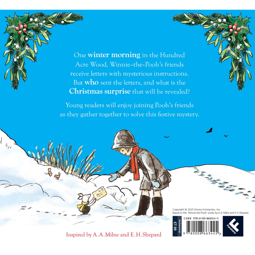 Book cover with a snowy scene and text about Winnie-the-Pooh's Christmas mystery