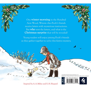 Book cover with a snowy scene and text about Winnie-the-Pooh's Christmas mystery