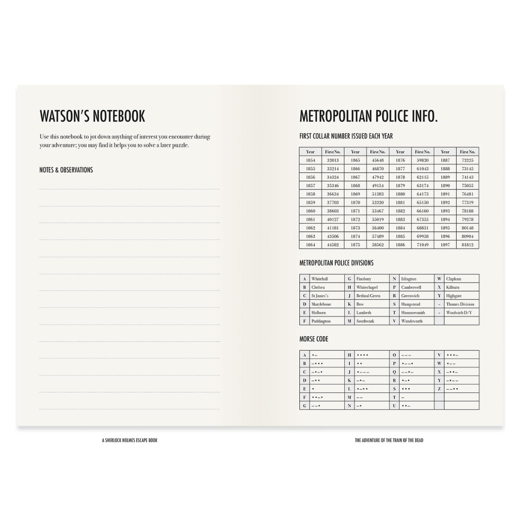 Watson's Notebook with Metropolitan Police Info and puzzle elements on a white background