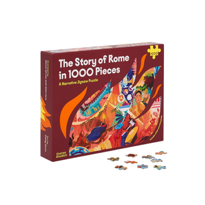 Jigsaw puzzle box titled 'The Story of Rome in 1000 Pieces' by Thames & Hudson on a white background.