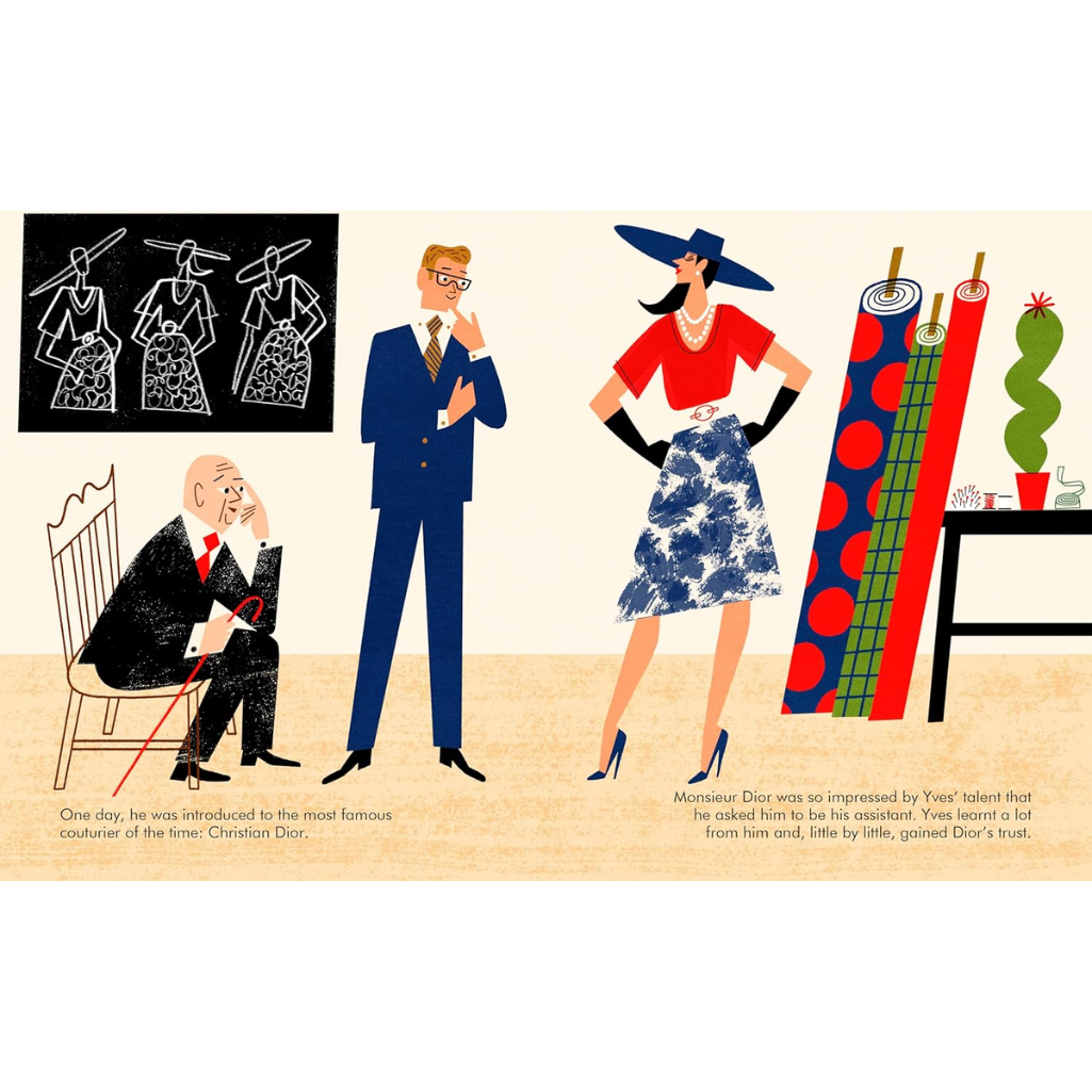 Illustration of a man, woman, and elderly man with text and fashion sketches.