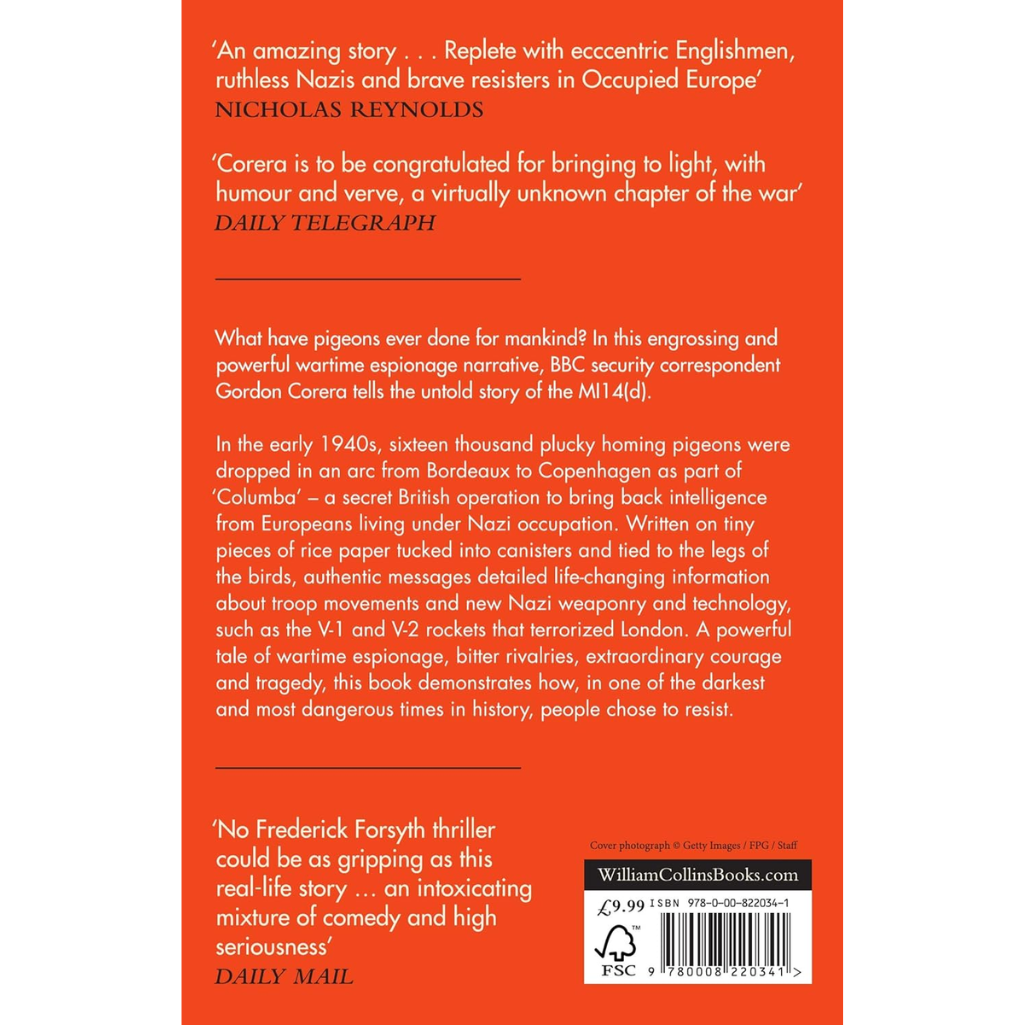 Book back cover with text about a wartime espionage narrative