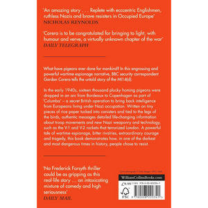 Book back cover with text about a wartime espionage narrative