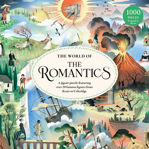 Cover of 'The World of The Romantics' jigsaw puzzle with colorful illustrations and text.