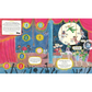 Illustrated book page with colorful stage design and characters, featuring music notes and a moon.