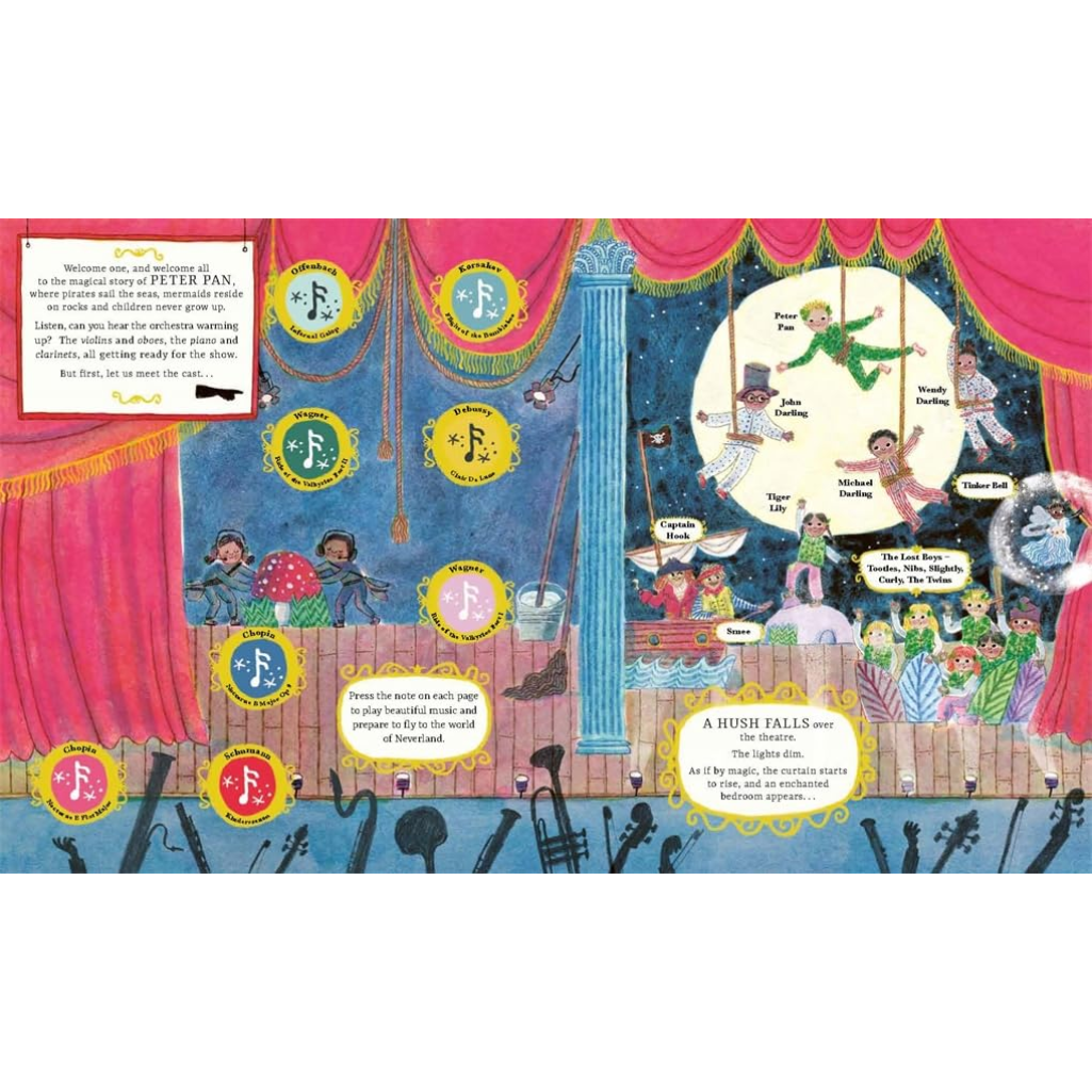 Illustrated book page with colorful stage design and characters, featuring music notes and a moon.