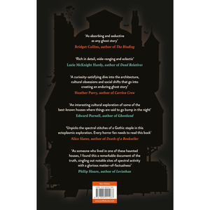 Book back cover with silhouettes of haunted houses and reviews on a dark background