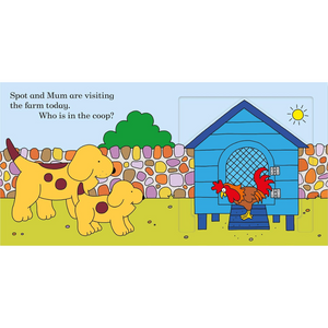 Illustration of two dogs and a rooster near a blue coop with text about Spot and Mum visiting the farm.