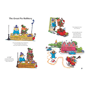 Illustrated book page from 'The Great Pie Robbery' with colorful characters and scenes.